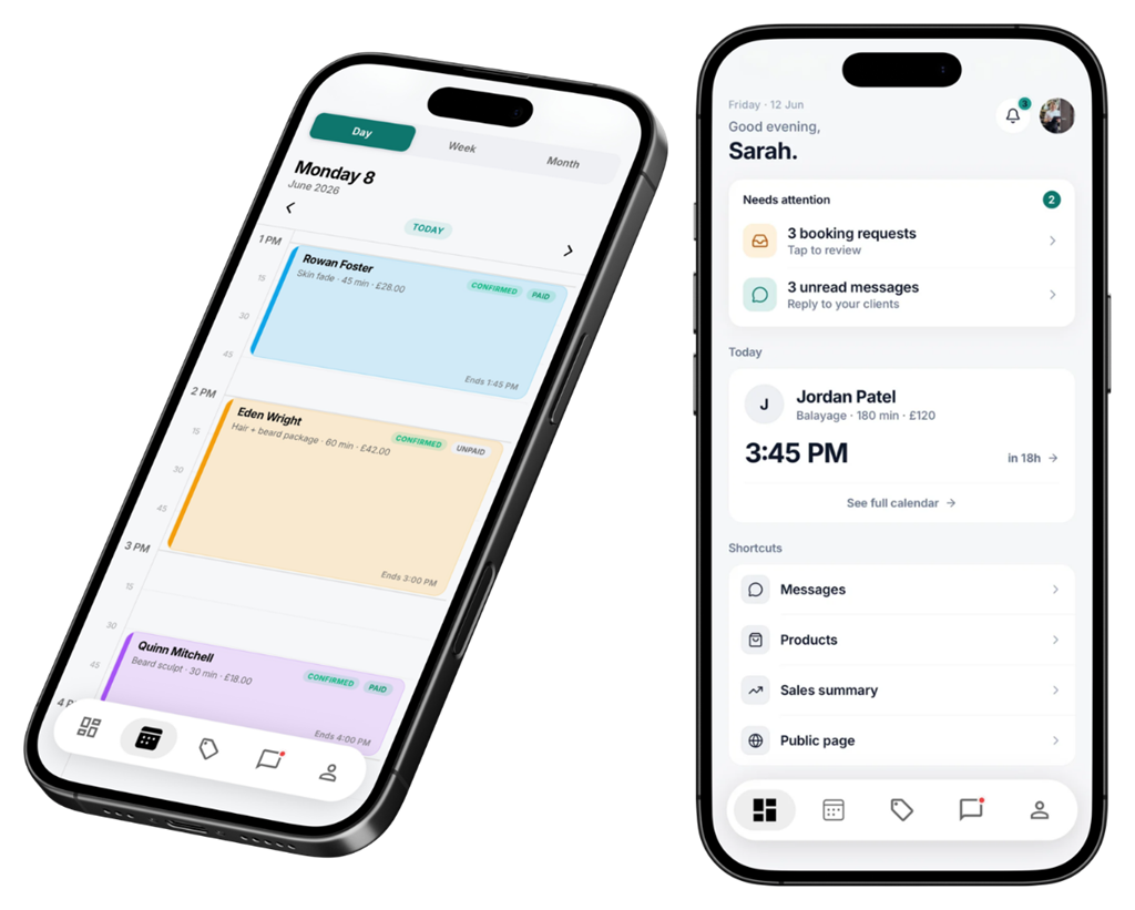 The CHAIR app on two phones: a barber's calendar for the day on the left, and the home screen with booking requests, messages and shortcuts on the right