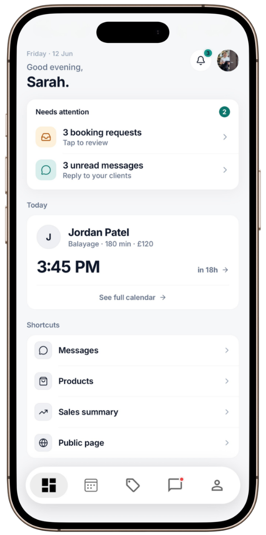 The CHAIR app shown on a phone: a professional's home screen