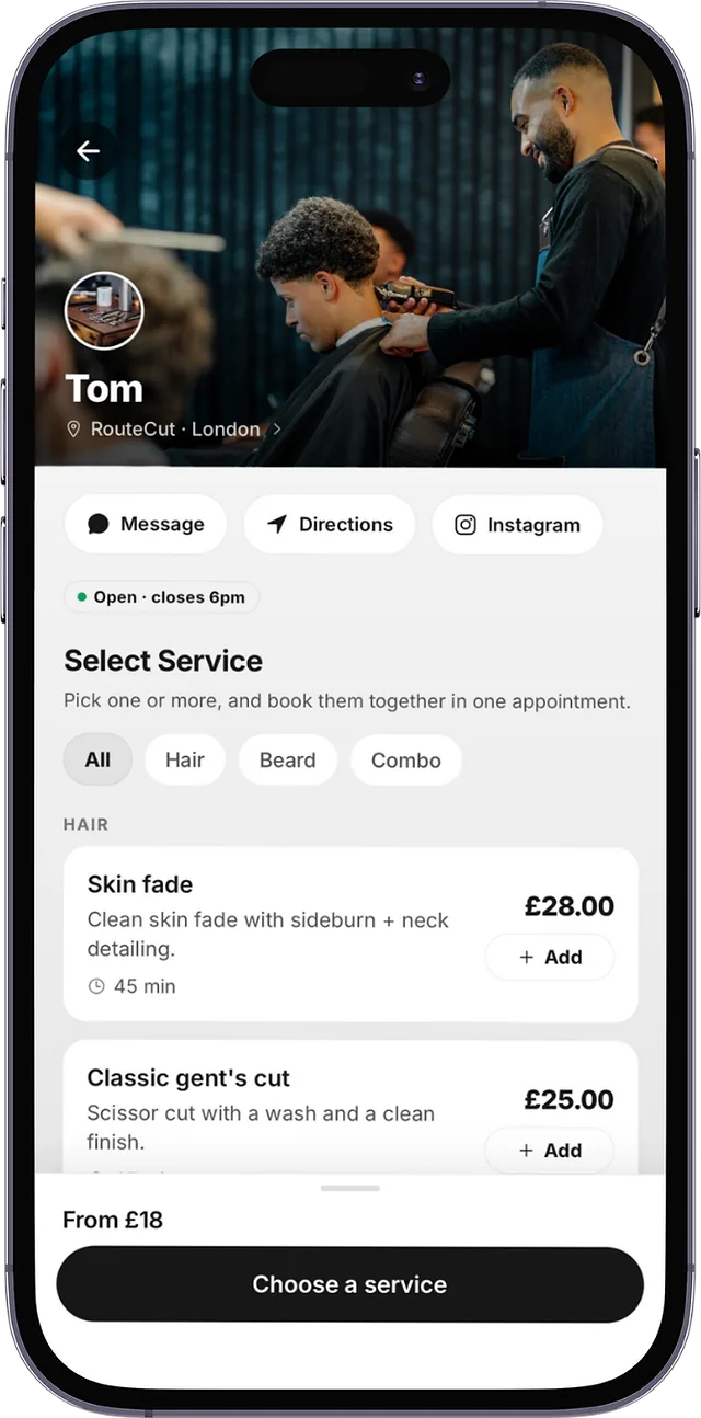 A CHAIR booking page showing services, prices and live availability