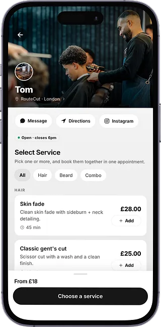 A client choosing a service on a CHAIR booking page, the screen a rebooking reminder opens.