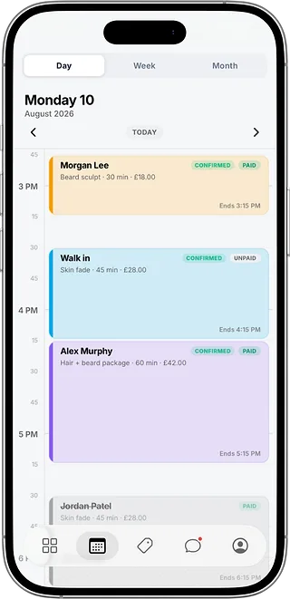 The CHAIR professionals app's day calendar with colour-coded, paid and confirmed bookings.
