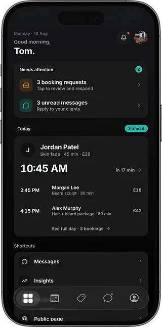 The CHAIR professionals app dashboard on a phone, showing today's appointments and booking requests.