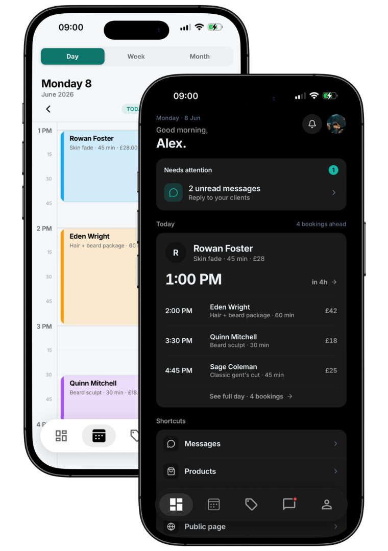 Two CHAIR professionals app screens showing the calendar, today's appointments and unread client messages.