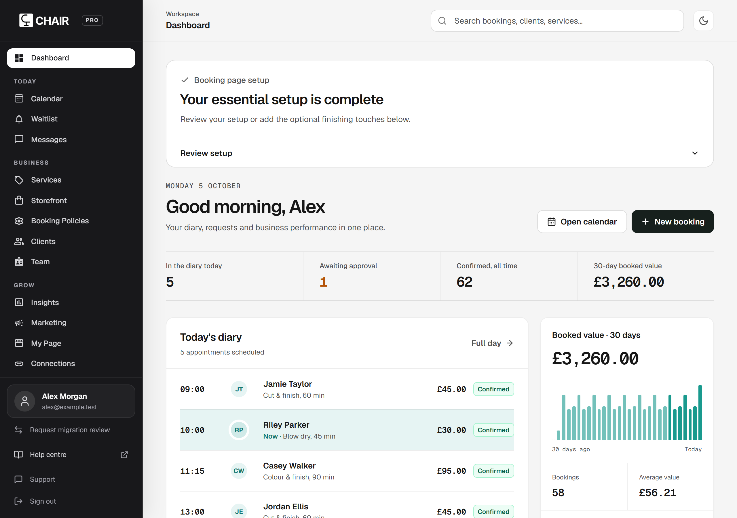 CHAIR Pro web dashboard with today's diary, booking requests and a business snapshot, using sample data