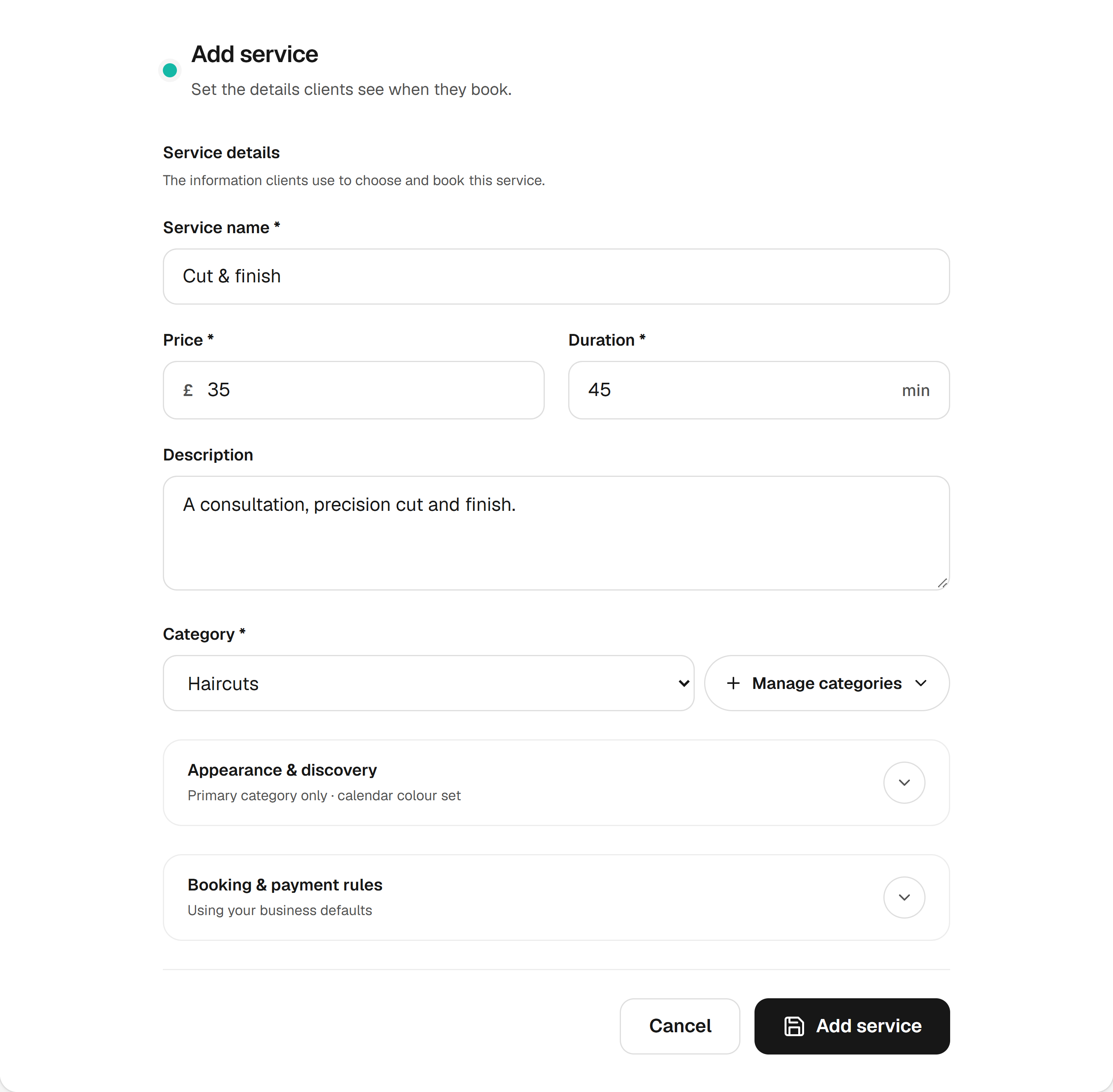 The Add service form with a Cut & finish example, price, duration, description and category.