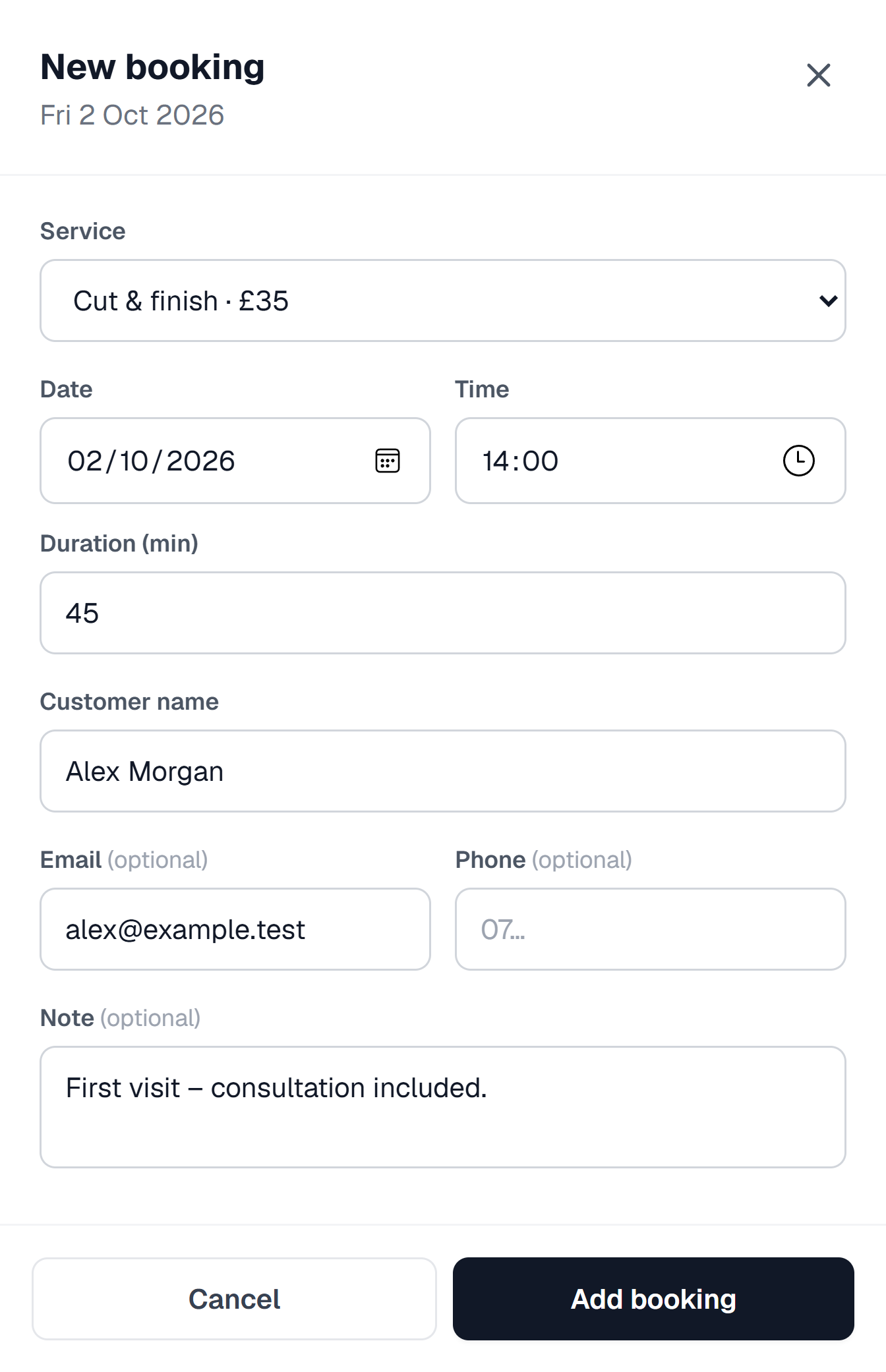 The New booking dialog with a service, date, time, duration and fictional customer details, followed by Add booking.